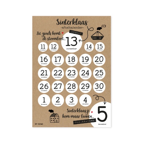 Deze leuke sinterklaas set van By Romi bestaat uit een aftelkalender, een poster en 3 verlanglijstjes.

Afmeting aftelkalender/poster: A4