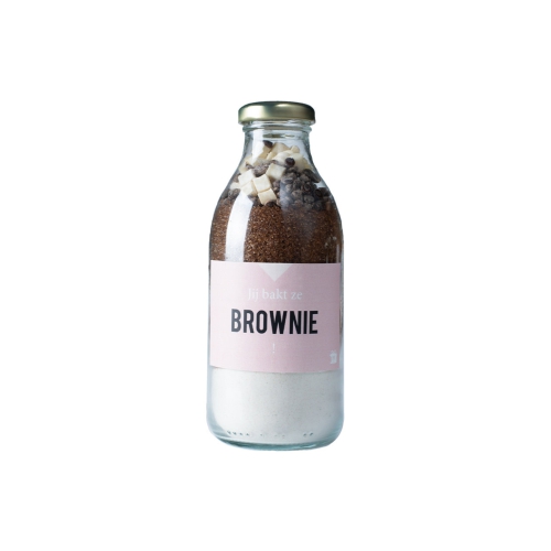 Superleuke fles gevuld met alle ingredienten om overheerlijke brownies te bakken!!